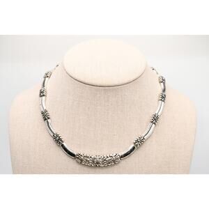 Vintage Silver Tone Floral Link Choker Necklace 16" Fold Over Clasp